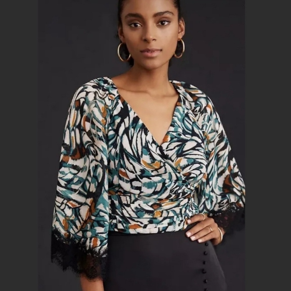 Anthropologie Lace Trimmed Flutter Sleeve Wrap Top size small